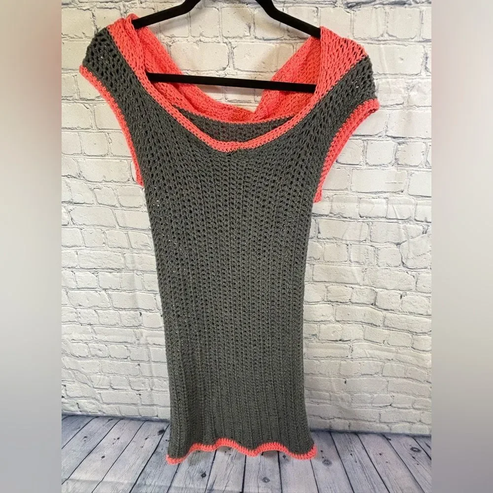 Handknit Gray Melon Cap Sleeve Pullover Hooded Boho Whimsigoth Sweater Vest S